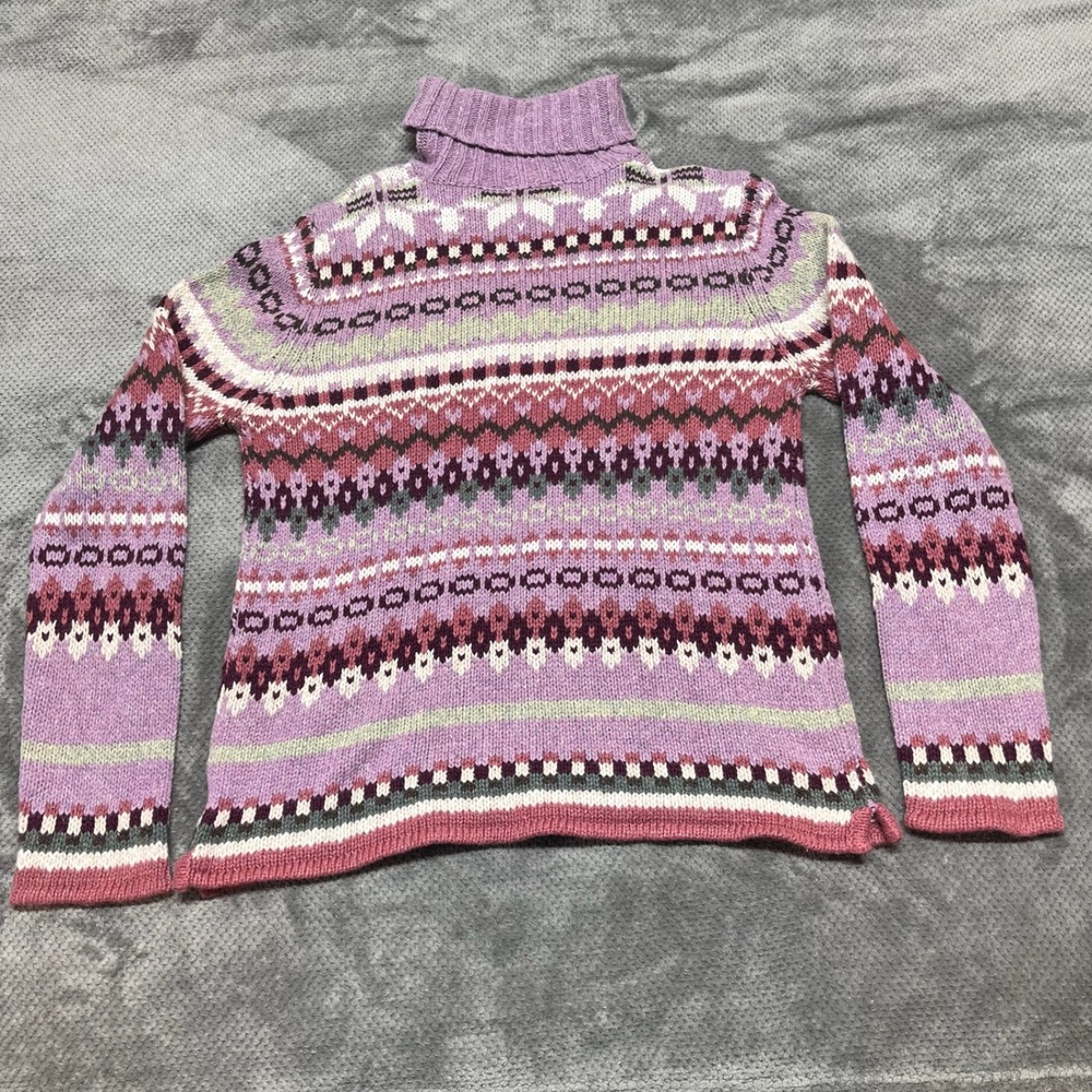 Fashion Bug Womens XL Purple Fair Isle Turtleneck Sweater Floral Knit Ramie Wool